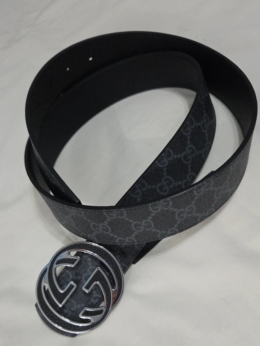 Gucci Black Leather Monogram Belt Silver Double GG Buckle